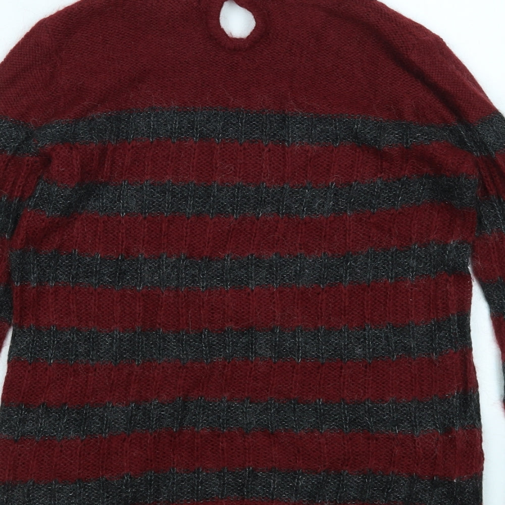 Brand and care label for Manhgo women’s multicoloured striped jumper, size M