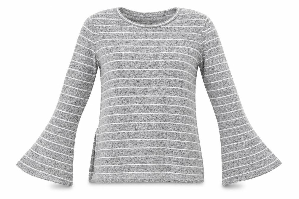 Front view of MUDO women’s grey striped jumper, size M
