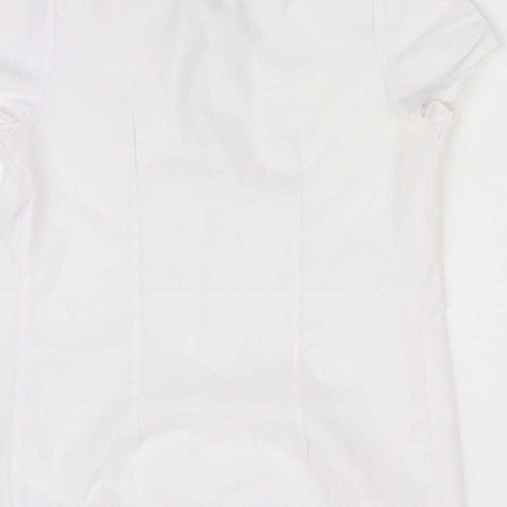 Brand and care label for F&F girls’ white basic button-up, size 8-9, years