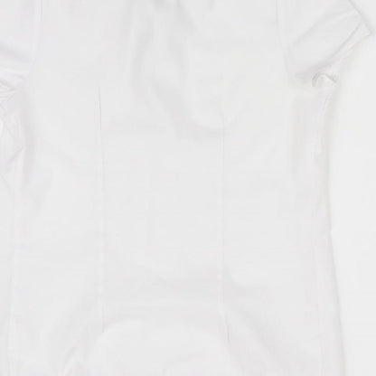 Brand and care label for F&F girls’ white basic button-up, size 8-9, years
