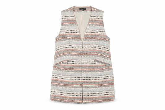 Front view of Atmosphere women’s beige striped jacket, size UK 16