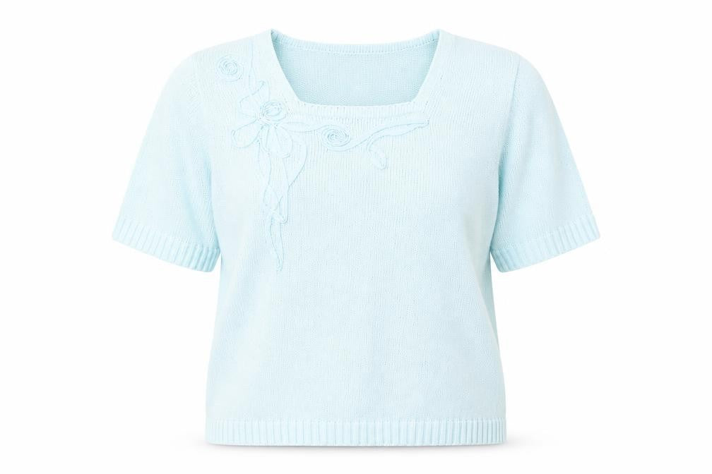 Front view of Faber women’s blue jumper, size UK 14