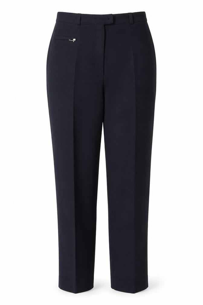 Front view of Marks & Spencer women’s blue trousers, size UK 8, 29-inch leg