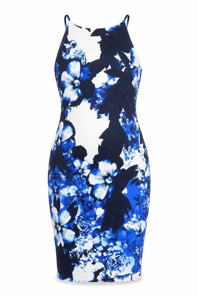 Front view of River Island women’s blue floral bodycon, size UK 8