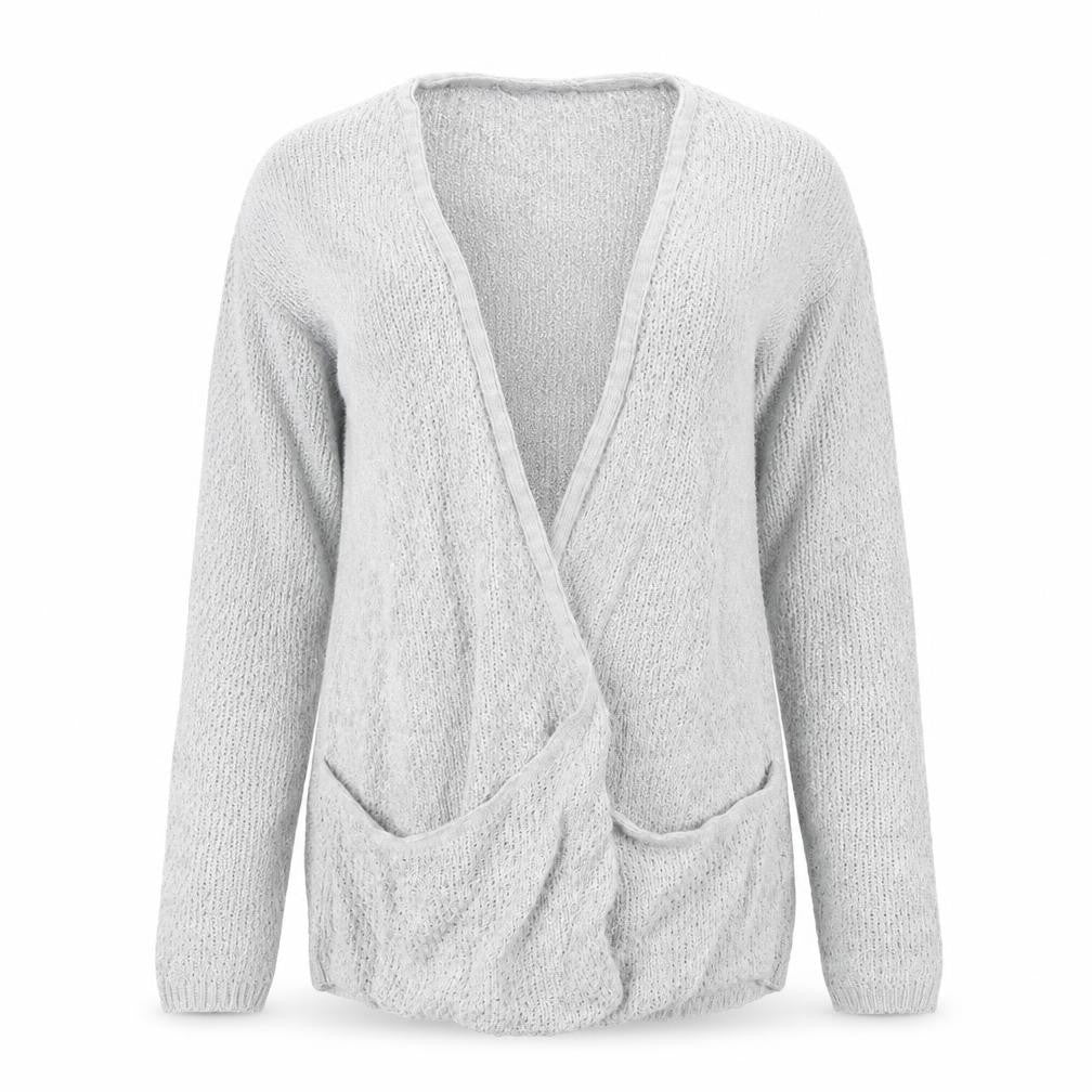 Front view of PRETTYLITTLETHING women’s grey knit cardigan jumper, size M