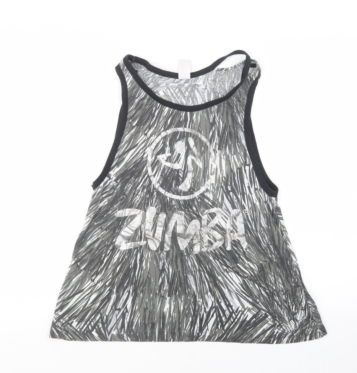 Front view of Zumba women’s grey geometric basic tank, size M