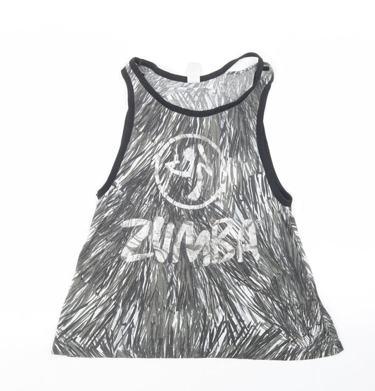 Front view of Zumba women’s grey geometric basic tank, size M