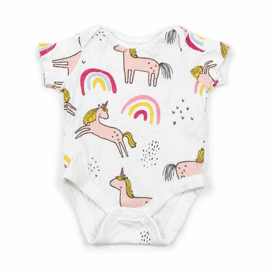Front view of F&F Baby White Spotted Babygrow One-Piece, size 0-3, Months - Unicorn