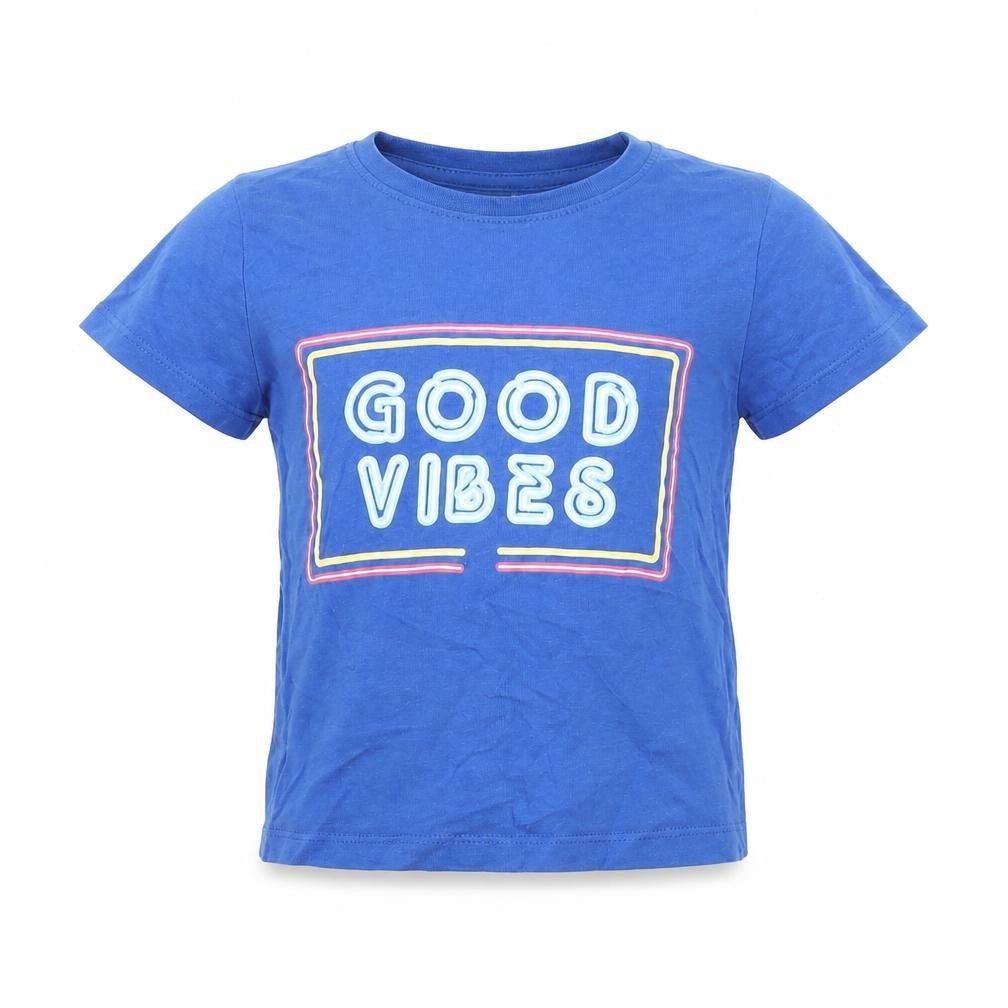 Front view of Primark Baby Blue Basic T-Shirt, size 18-24, Months - good vibes