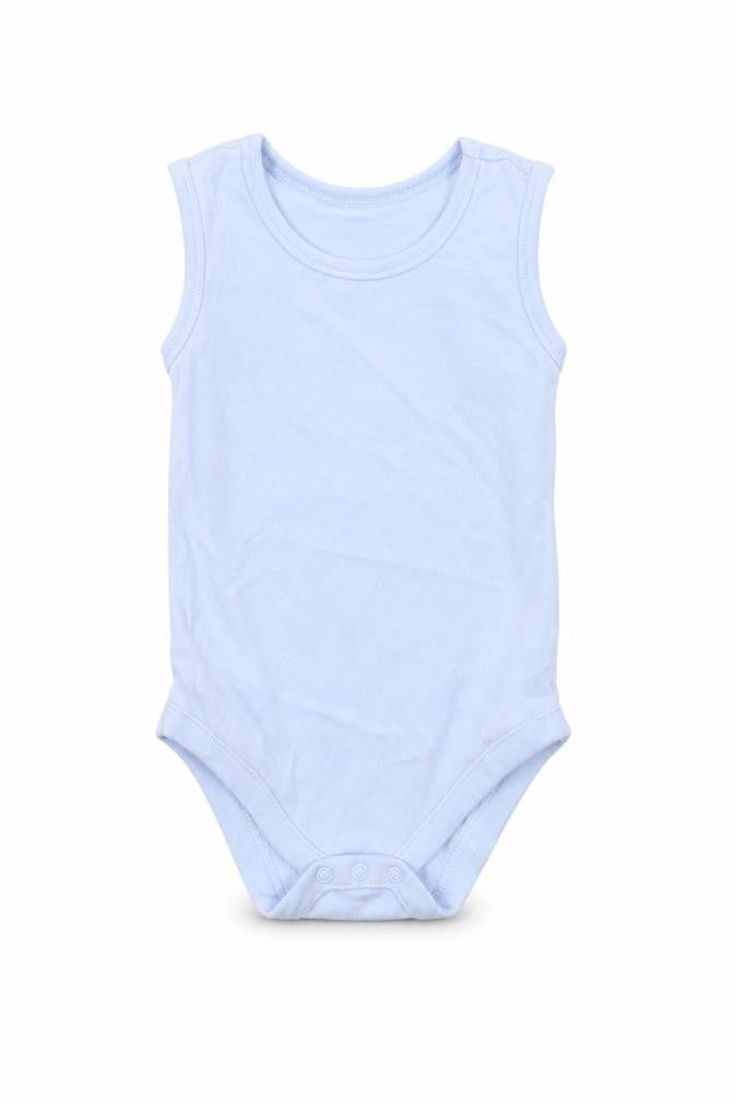 Front view of Nutmeg Baby Blue Babygrow One-Piece, size 18, Months