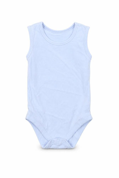Front view of Nutmeg Baby Blue Babygrow One-Piece, size 18, Months