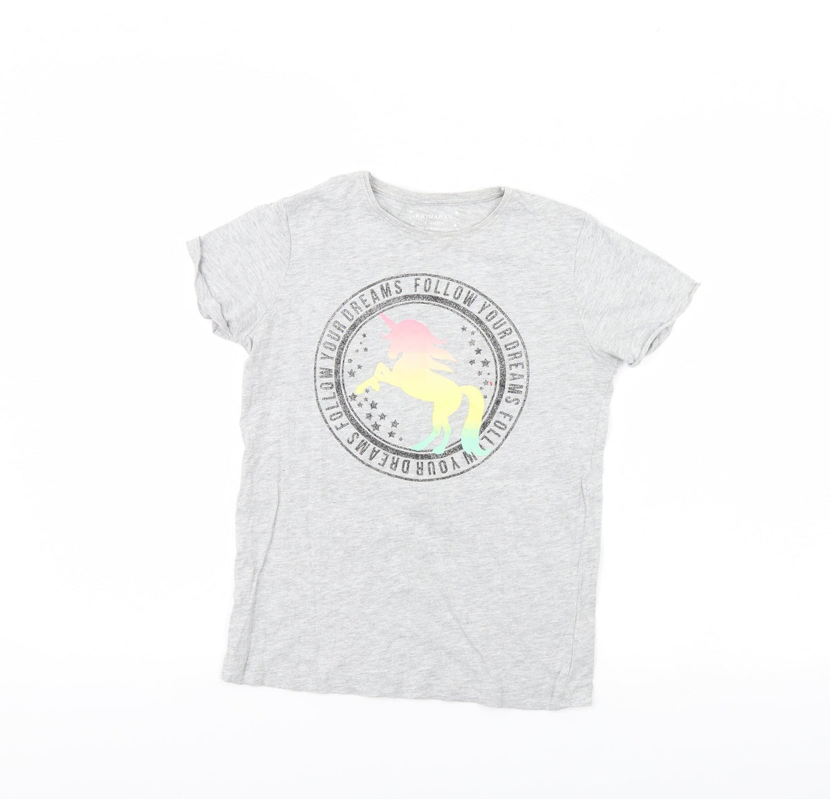 Front view of Primark girls’ grey basic t-shirt, size 11, years