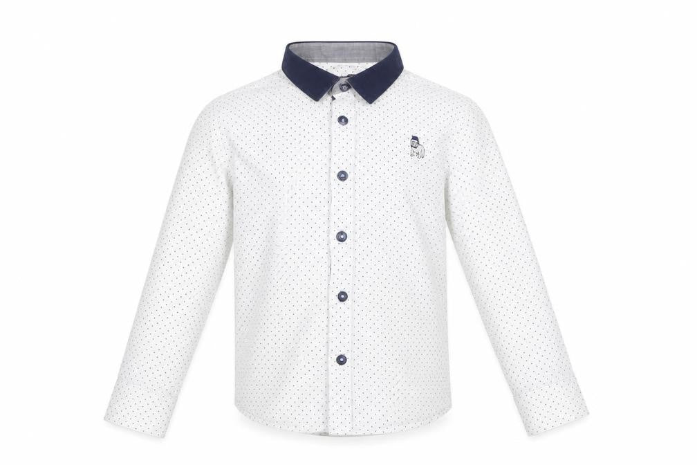 Front view of t5he spit5alfields shirt5 co boys’ white polka dot basic button-up, size 5-6, years