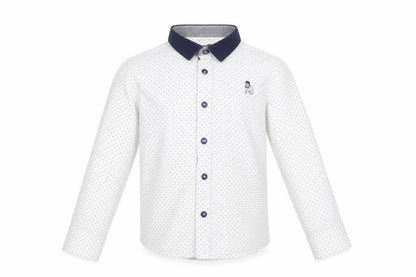 Front view of t5he spit5alfields shirt5 co boys’ white polka dot basic button-up, size 5-6, years