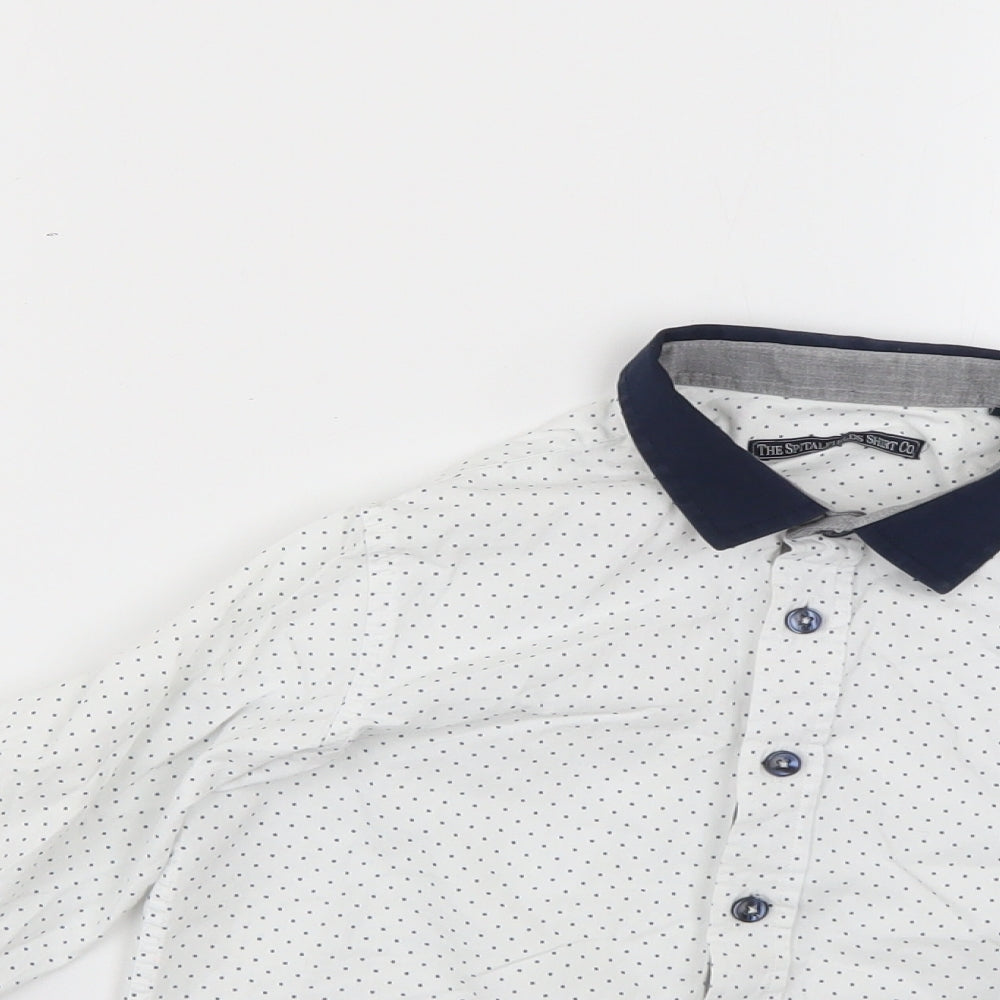 Close-up detail of t5he spit5alfields shirt5 co boys’ white polka dot basic button-up, size 5-6, years