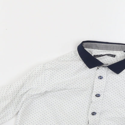 Close-up detail of t5he spit5alfields shirt5 co boys’ white polka dot basic button-up, size 5-6, years
