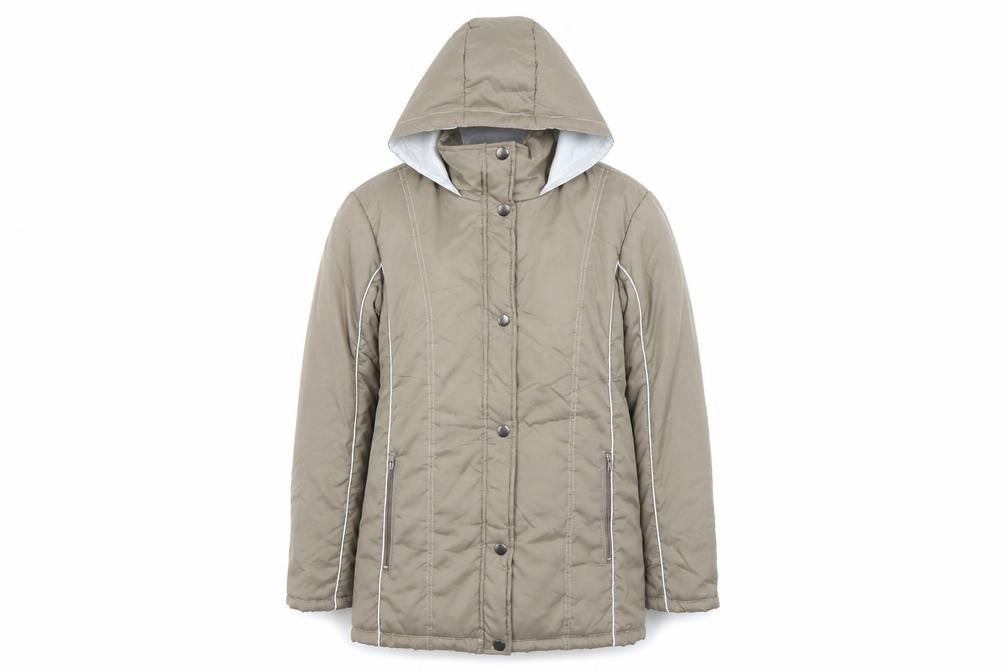 Front view of anne de lacays women’s beige rain coat coat, size S