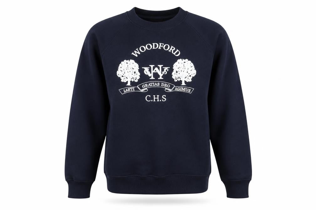 Front view of Woodbank boys’ blue pullover sweatshirt, size S