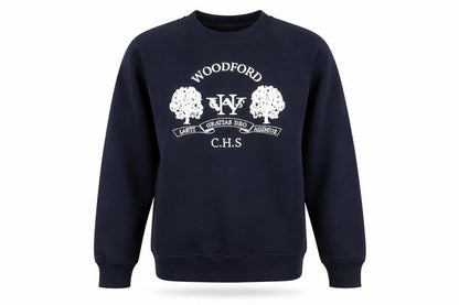 Front view of Woodbank boys’ blue pullover sweatshirt, size S