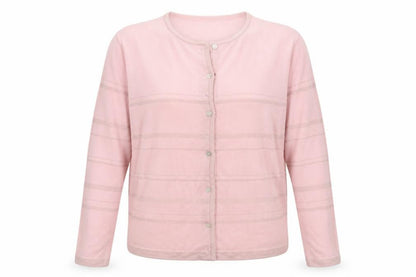 Front view of Modern Classics women’s pink striped knit cardigan jumper, size UK 16