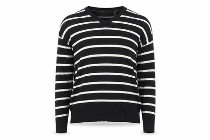 Front view of Primark women’s black striped pullover sweatshirt, size UK 6