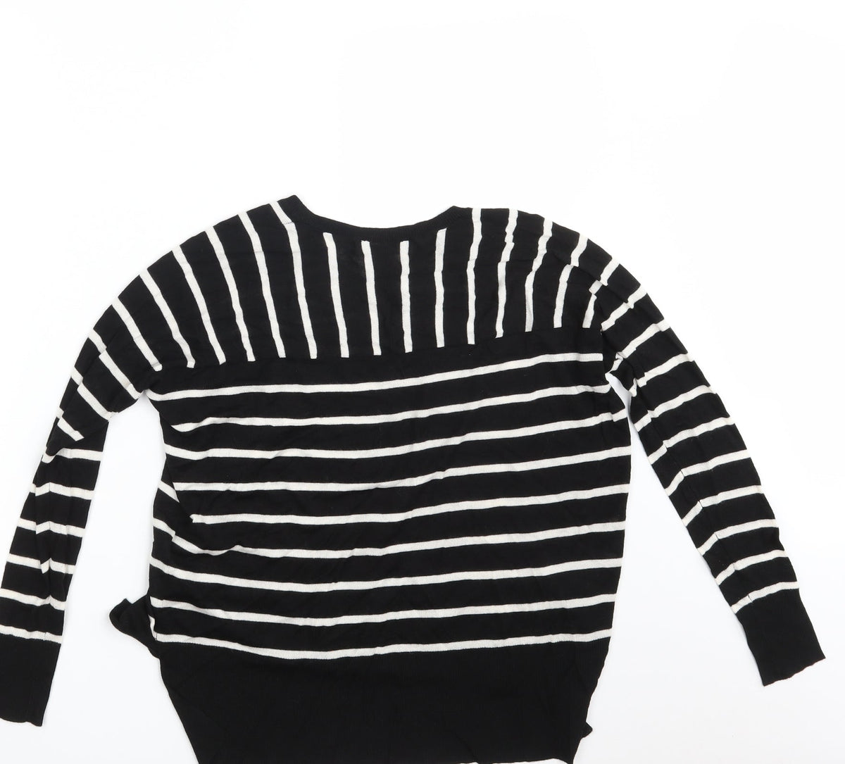 Back view of Primark women’s black striped pullover sweatshirt, size UK 6