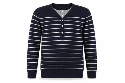 Front view of Revelation men’s blue striped knit jumper, size M