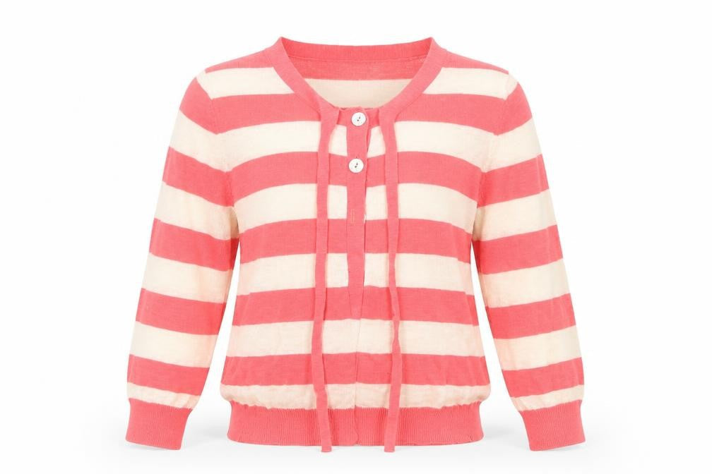Front view of Marks & Spencer women’s pink striped cardigan jumper, size UK 10