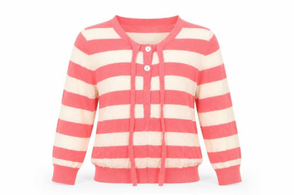 Front view of Marks & Spencer women’s pink striped cardigan jumper, size UK 10