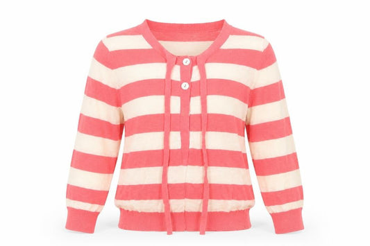 Front view of Marks & Spencer women’s pink striped cardigan jumper, size UK 10