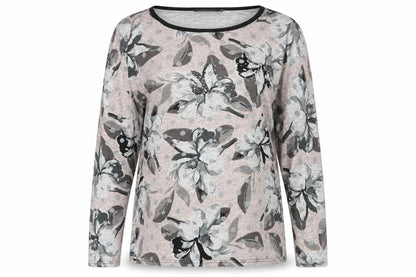 Front view of Sugar Crisp women’s pink floral pullover sweatshirt, size L, - lounge wear