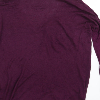 Brand and care label for Topshop women’s purple knit pullover sweatshirt, size UK 8