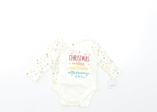 Front view of Nutmeg Baby White Geometric Babygrow One-Piece, size 0-3, Months