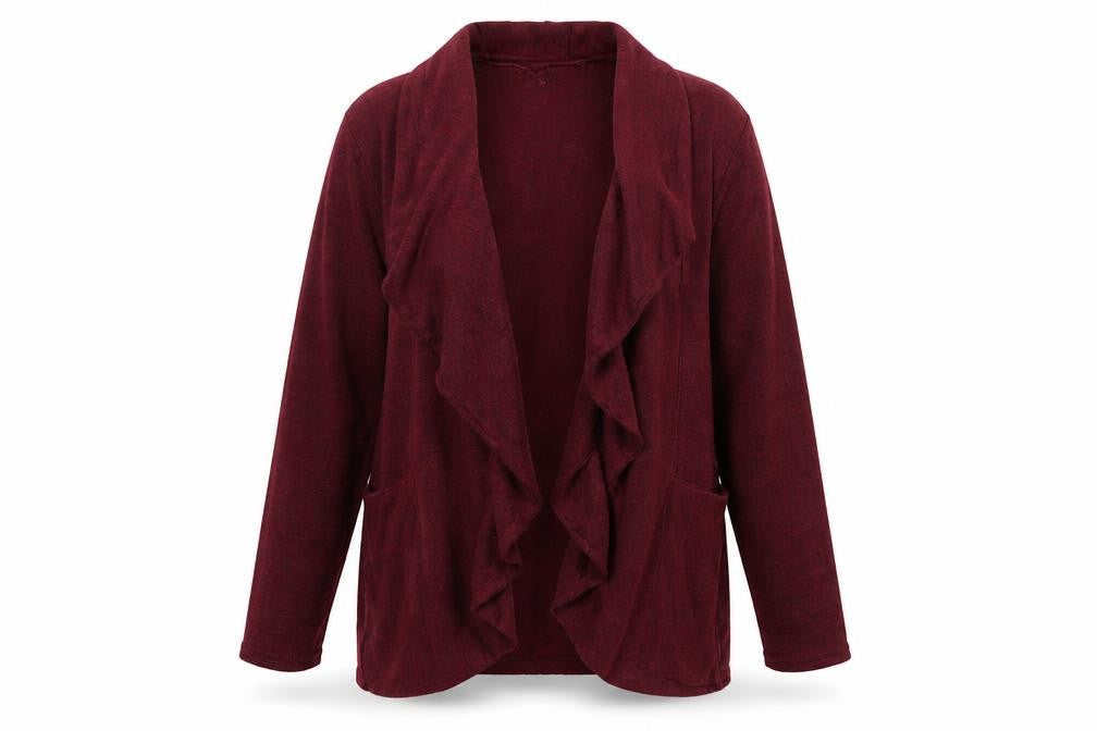 Front view of Simply Stock Shop women’s purple knit cardigan jumper, size S