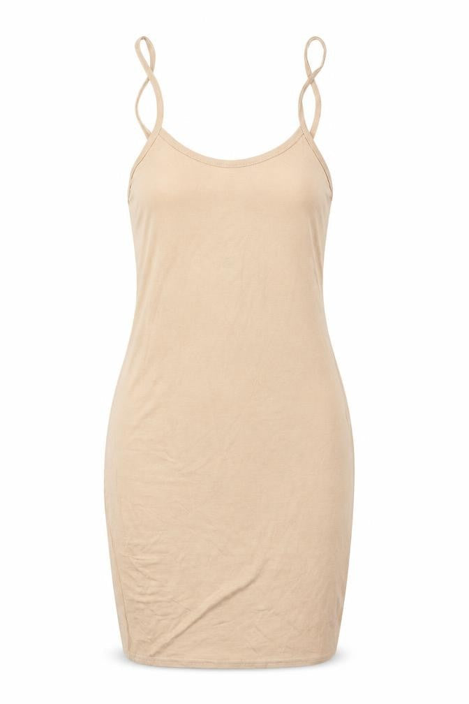 Front view of PRETTYLITTLETHING women’s beige jersey slip dress, size UK 4