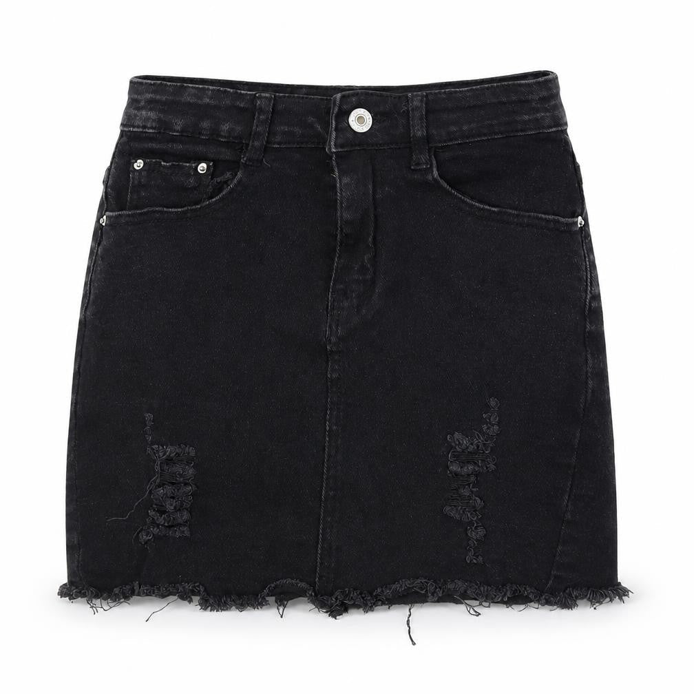 Front view of Yu & me women’s black denim a-line skirt, size S, - distressed