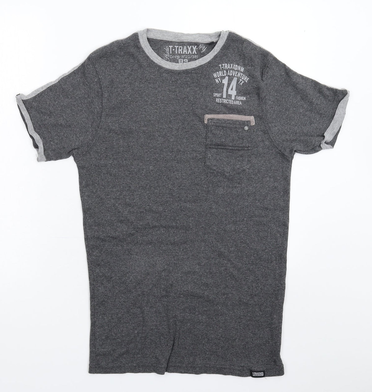 Front view of T-Traxx women’s grey basic t-shirt, size L
