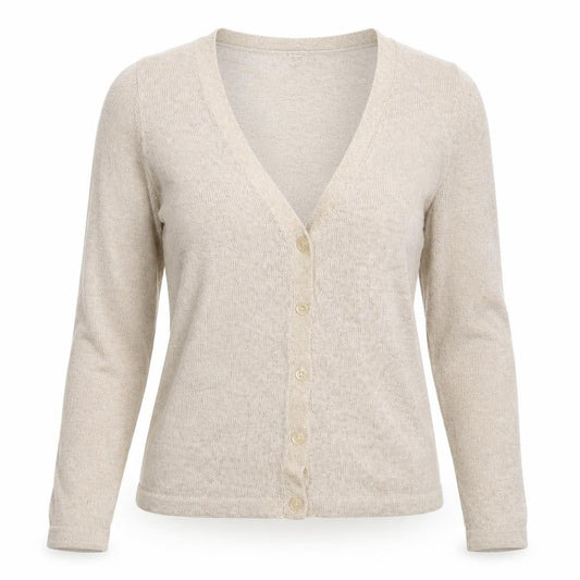 Front view of Villa women’s beige knit cardigan jumper, size M