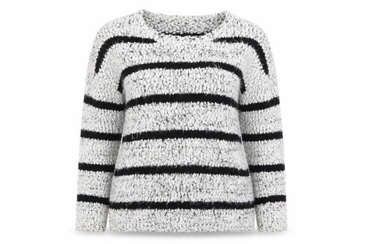 Front view of Miss Selfridge women’s multicoloured striped jumper, size UK 8