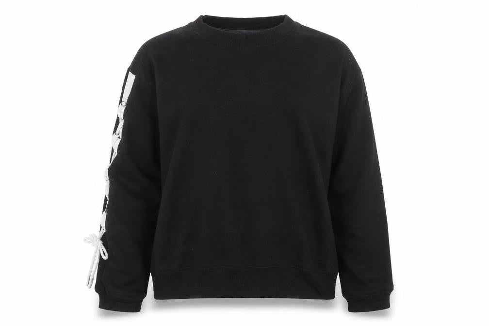 Front view of Boohoo women’s black striped pullover sweatshirt, size UK 12