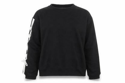 Front view of Boohoo women’s black striped pullover sweatshirt, size UK 12