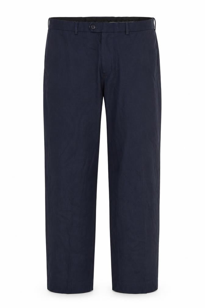 Front view of Jack Reid men’s blue trousers, size 36, 28-inch leg