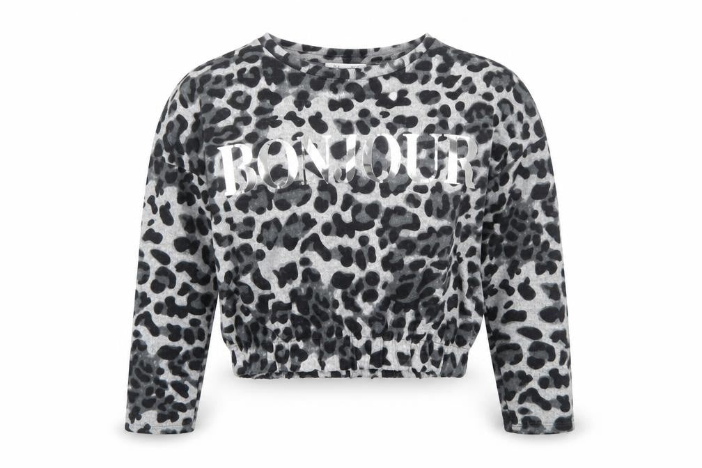 Front view of Primark girls’ grey animal print basic t-shirt, size 8-9, years