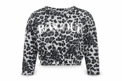 Front view of Primark girls’ grey animal print basic t-shirt, size 8-9, years