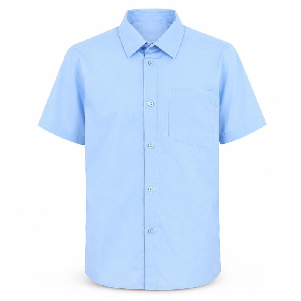 Front view of Tu boys’ blue basic button-up, size 9, years