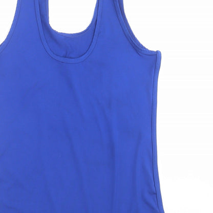 Brand and care label for Race at Your Pace women’s blue basic tank, size L