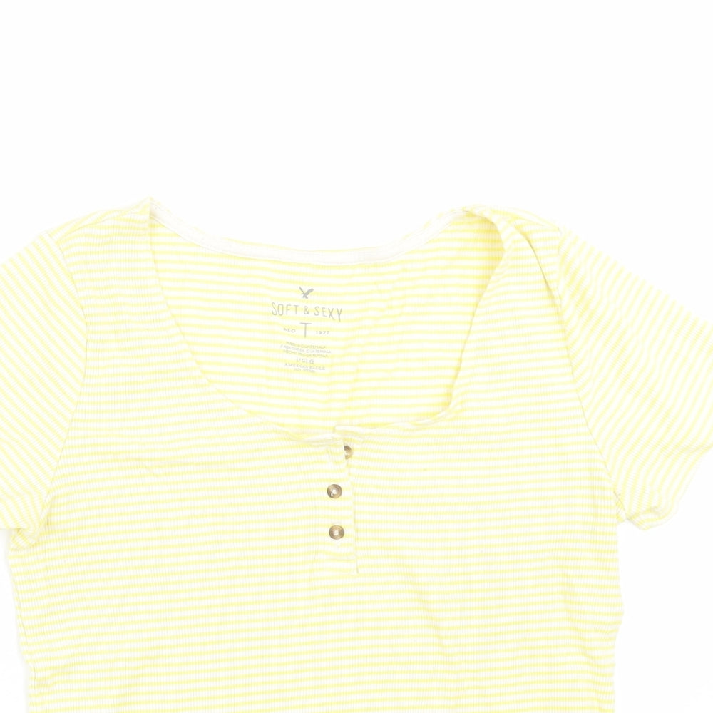 Close-up detail of SOFT & SEXY women’s yellow striped basic t-shirt, size L