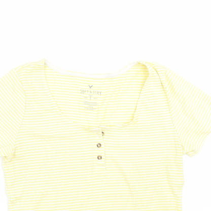 Close-up detail of SOFT & SEXY women’s yellow striped basic t-shirt, size L