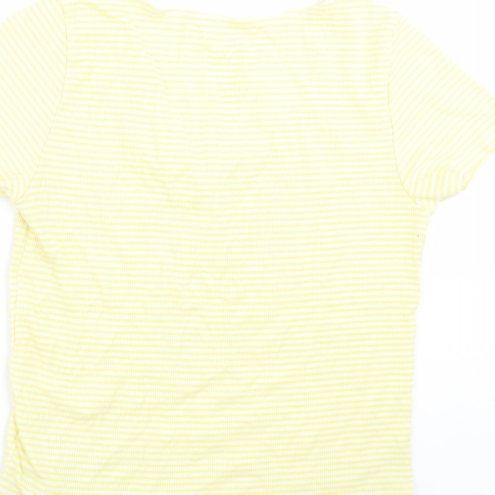 Brand and care label for SOFT & SEXY women’s yellow striped basic t-shirt, size L