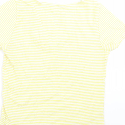 Brand and care label for SOFT & SEXY women’s yellow striped basic t-shirt, size L